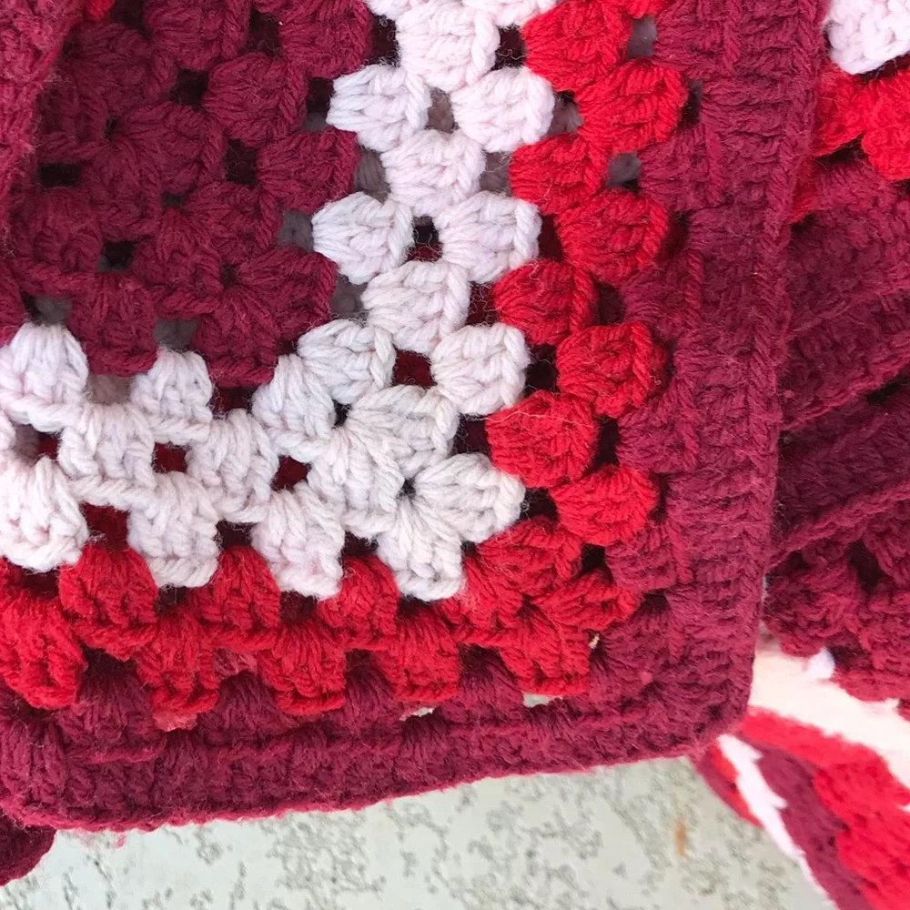 VINTAGE Crochet Red & Pink Hand Knit Throw Blanket Handcrafted
